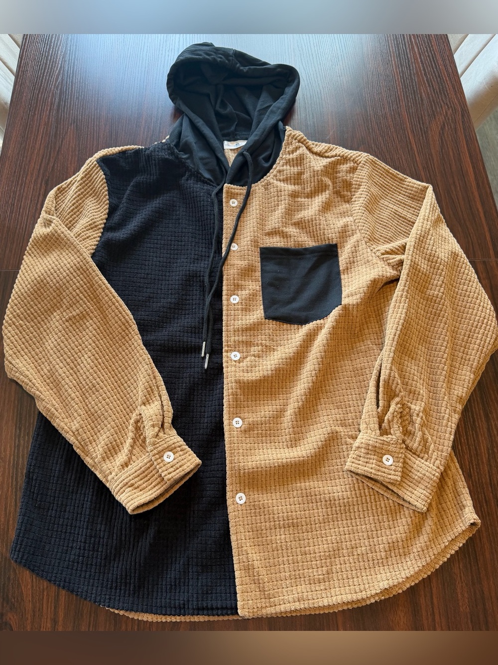Charmkp Mens Colorblock Hooded Button Up Shirt Ribbed Waffle Knit Shacket Size S